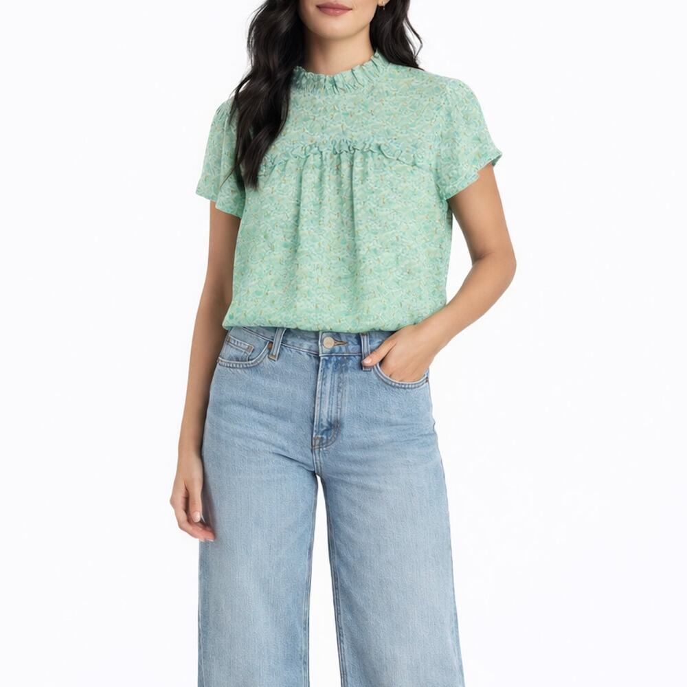 Joie Green Floral Babydoll Blouse with Gold Accents Short Sleeve Medium